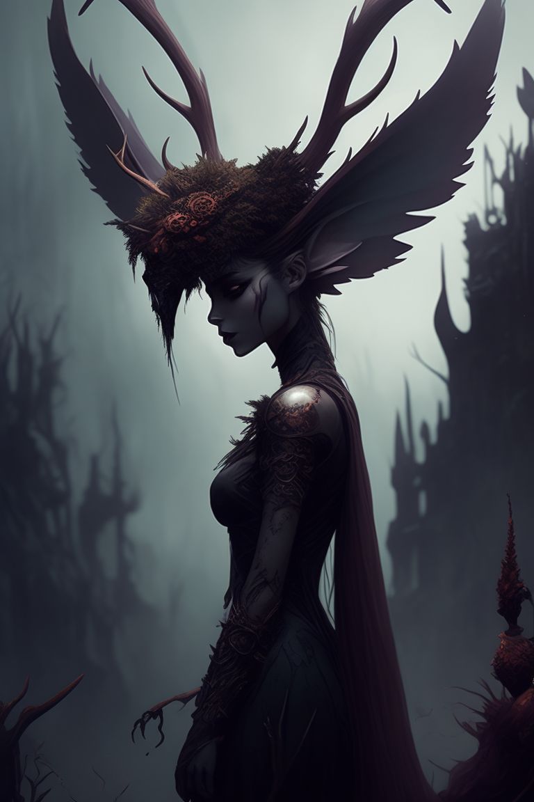 Unlined Gull Faerie Creature Humanoid With Antlers And Moss Female