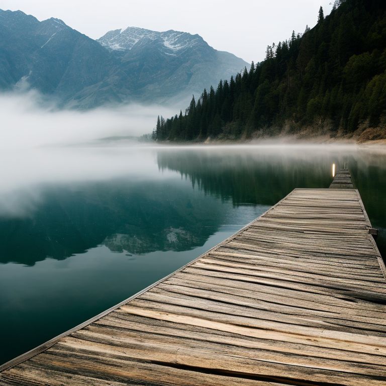 tart-skunk920: a misty lake surrounded by mountains with a wooden pier