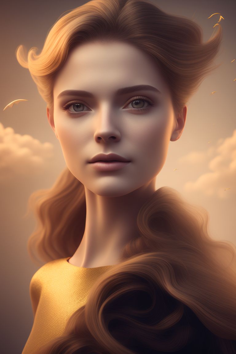 Portrait, lady flying in sky, Beautiful hair, Makeup, Octane render, 8k, Beautiful lighting, Golden ratio composition