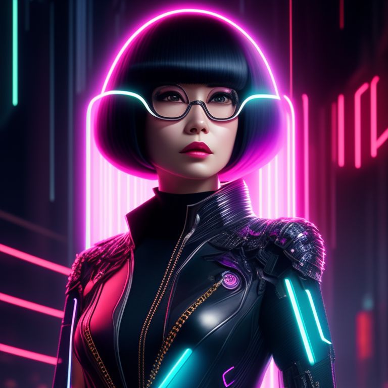 Edna Mode metaverse, the fashion designer from the incredibles, in a futuristic metaverse setting, Neon lights, cyberpunk, intricate clothing designs, Highly detailed, Digital painting, Artstation, Concept art, Sharp focus, Illustration, art by artgerm and greg rutkowski and kim jung gi