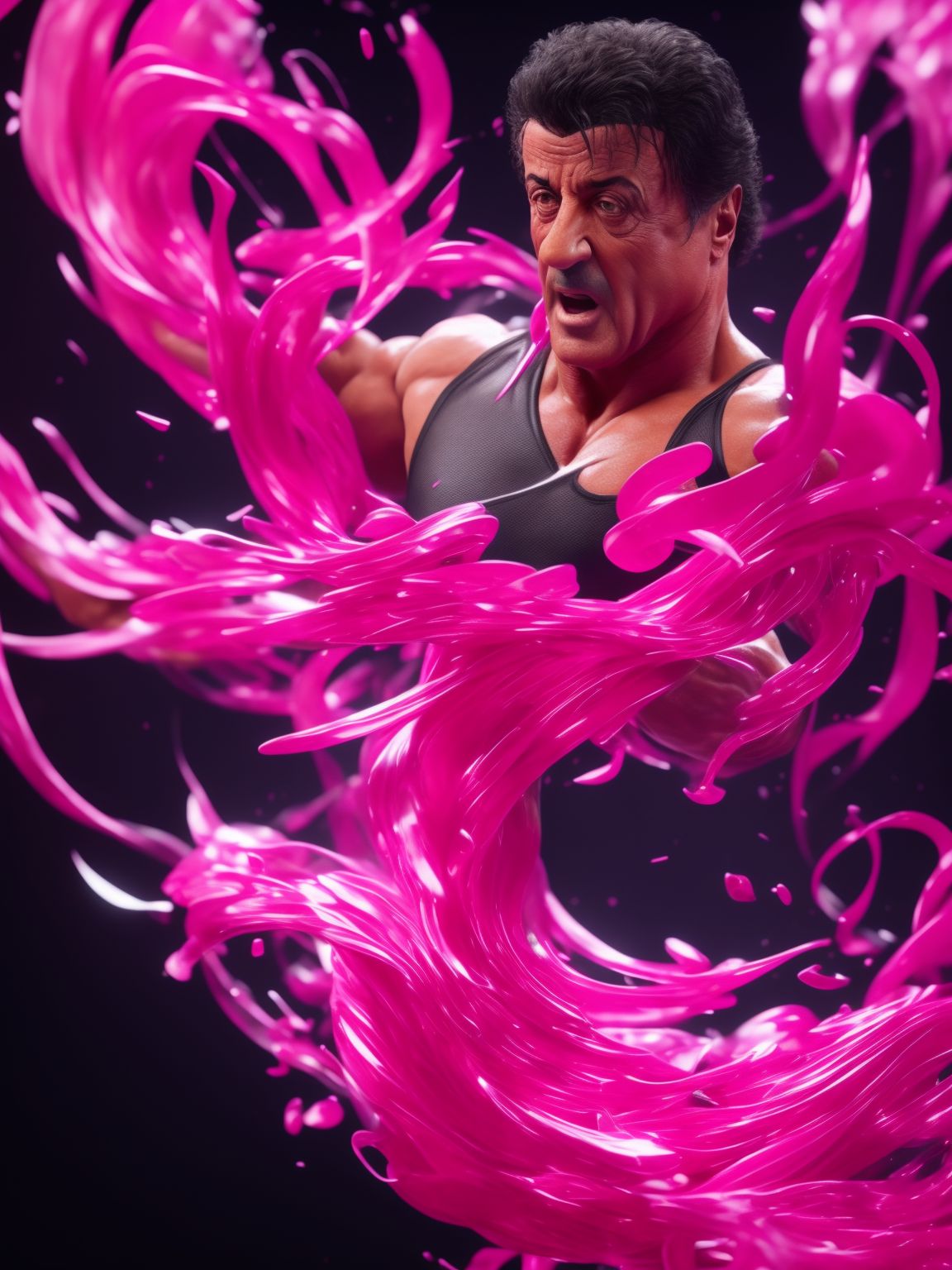 Sylvester stallone wearing pink shirt and singing on the stage, 4d abstract fluid artwork rendered in unreal engine 5, 4k, super highly detailed ribbons of color floating and contorting, amazing composition, non newtonian fluid dynamics, dynamic shape of subject, 8k render, Octane render, explosive colors, Sharp details, 3D