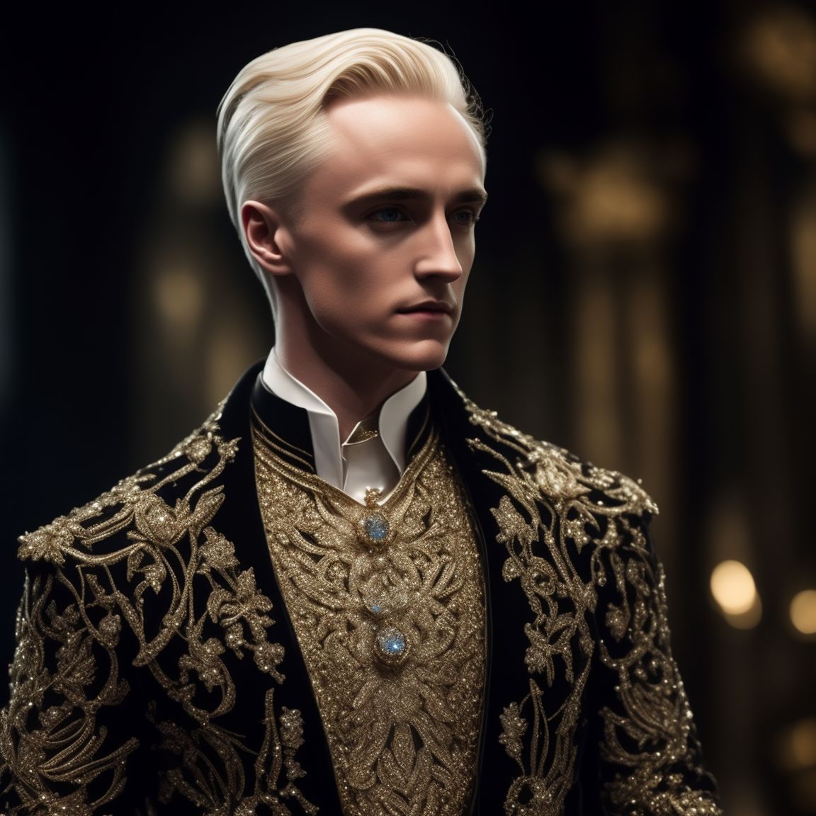 best-yak190: Draco Malfoy wearing expensive jewelry that is magnificent,  incredibly detailed, intricate, with brilliant bright shimmering sparkling  glittering diamonds on glowing shining precious luminous gold. Royal rich  luxurious.