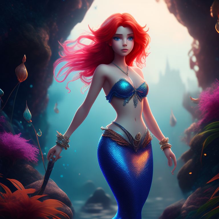 Ariel, a woman of color appearing in “rainbow-colored tail and