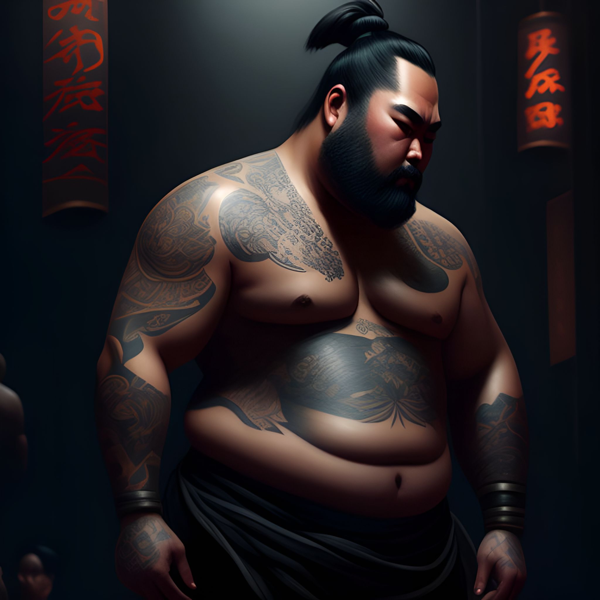 Sumo.tattoo.full body, Moody lighting, Intricate, Highly detailed, Digital painting, Artstation, Concept art, Smooth, Sharp focus, Illustration, art by sakimichan and greg rutkowski and bobby chiu.