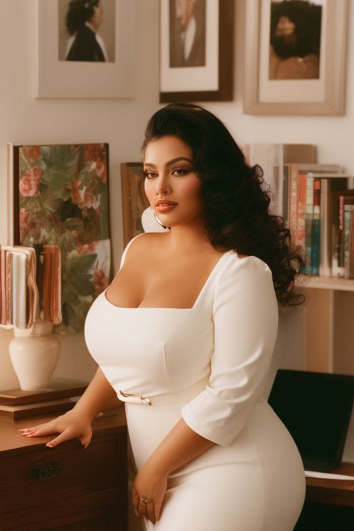 Analog style, Close-up, Portrait, Very Realistic Photo Of a Voluptuous Latina Lady In Her Office Wearing Attractive Dress Showing Ample Cleavage., Beautiful composition