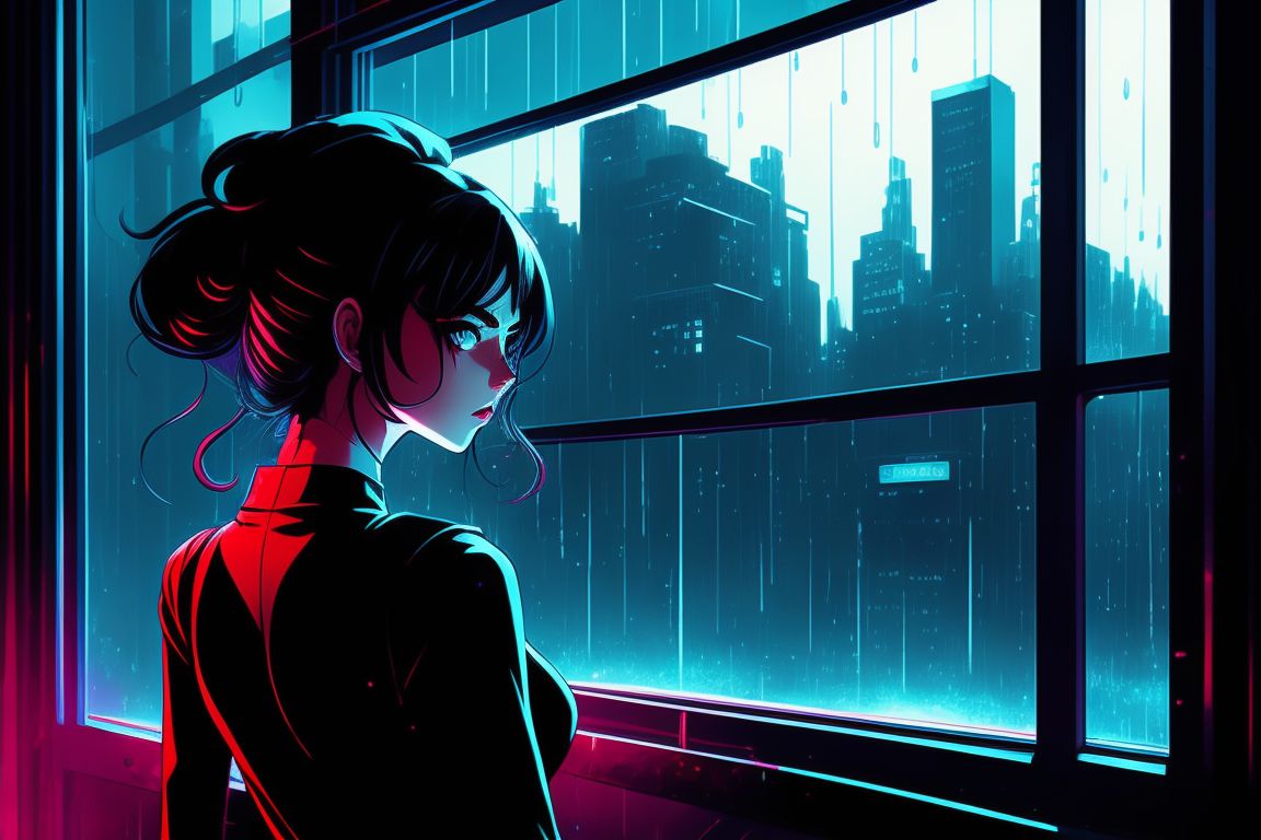 bad-hare593: just one futuristic girl anime-style looking the rain through  a window at a cafe background