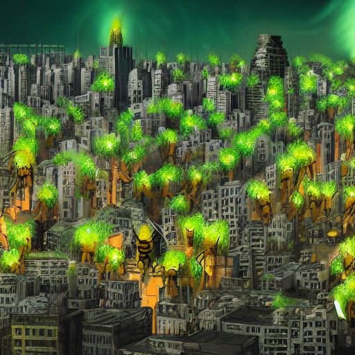 Hasty Alpaca A City Being Invaded By A Swarm Of Glowing Green Bees Swarm Destroying City