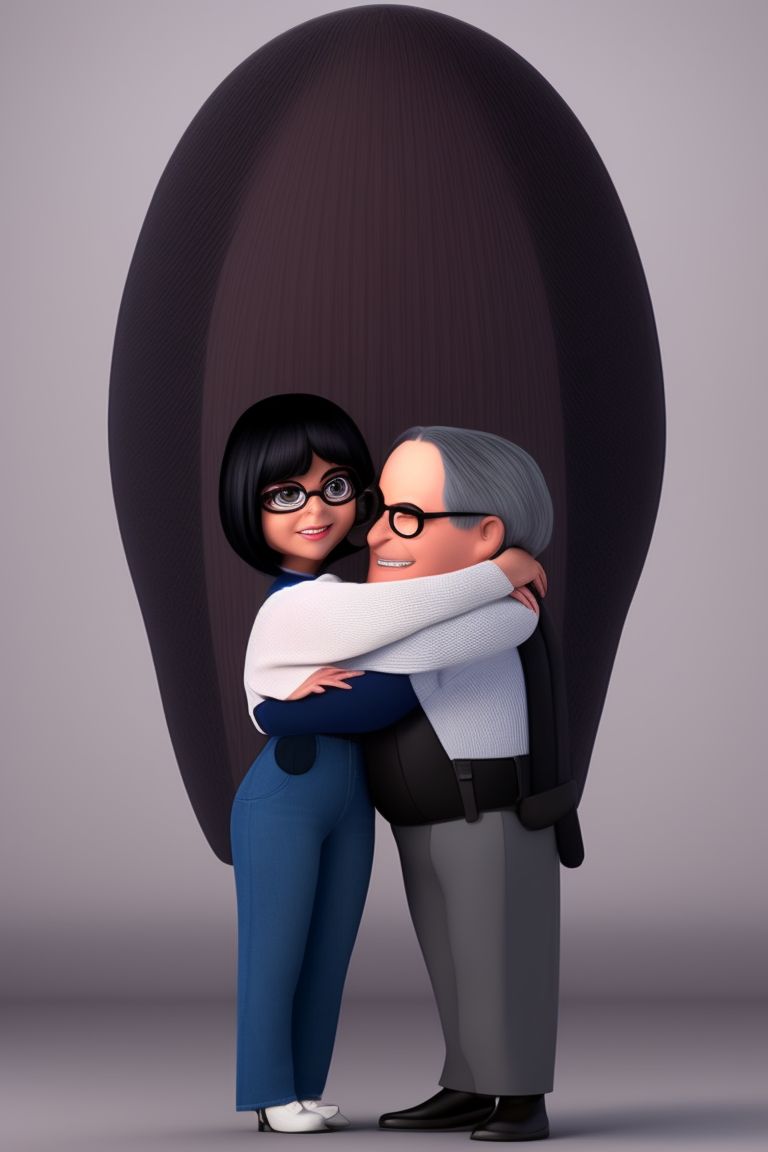 standing centered, Pixar style, 3d style, disney style, 8k, Beautiful, Photo realistic Edna Mode hugging Steve Job in the metaverse!