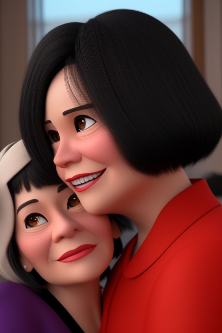 standing centered, Pixar style, 3d style, disney style, 8k, Beautiful, Photo realistic Edna Mode hugging Steve Job in the metaverse!