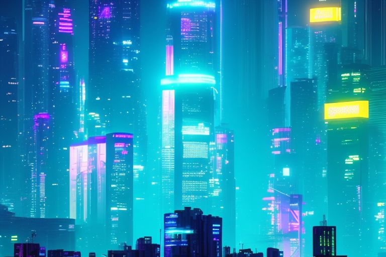 Kz: Cyberpunk blue, purple, green, and yellow neon city with unique ...