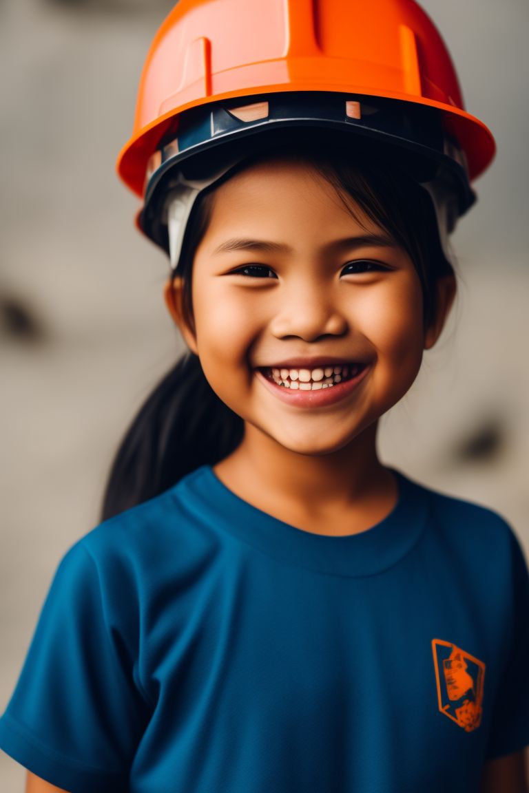 A cute filipino girl wears a construction hard hat, t-shirt, laughing, no background