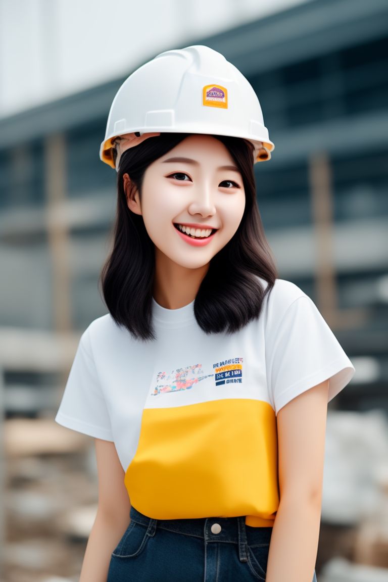 A pretty
 korean girl wears a construction hard hat, t-shirt, laughing, no background