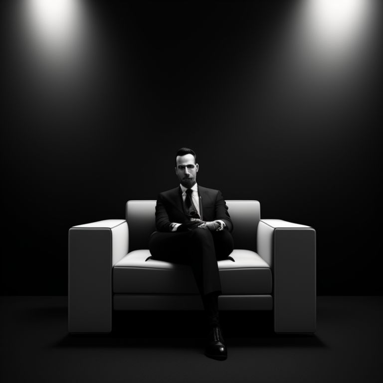 Andrew Tate in black and gray suit sitting on white chair, against a modern, minimalist background, Moody lighting, low key, Dramatic shadows, digital illustration by greg rutkowski, highly detailed and smooth. trending on artstation.