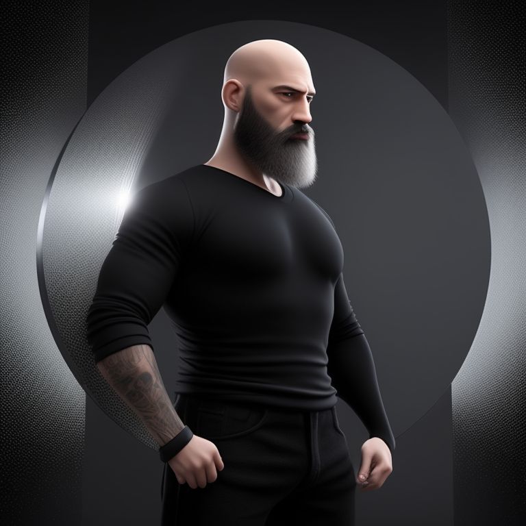 standing centered, Pixar style, 3d style, disney style, 8k, Beautiful, Bald man with beard needs no shampoo, sitting in a sleek modern chair with a dramatic black backdrop, lighting is moody and understated with sharp contrasts between light and dark, style is hyper-realistic with every wrinkle and visible pores