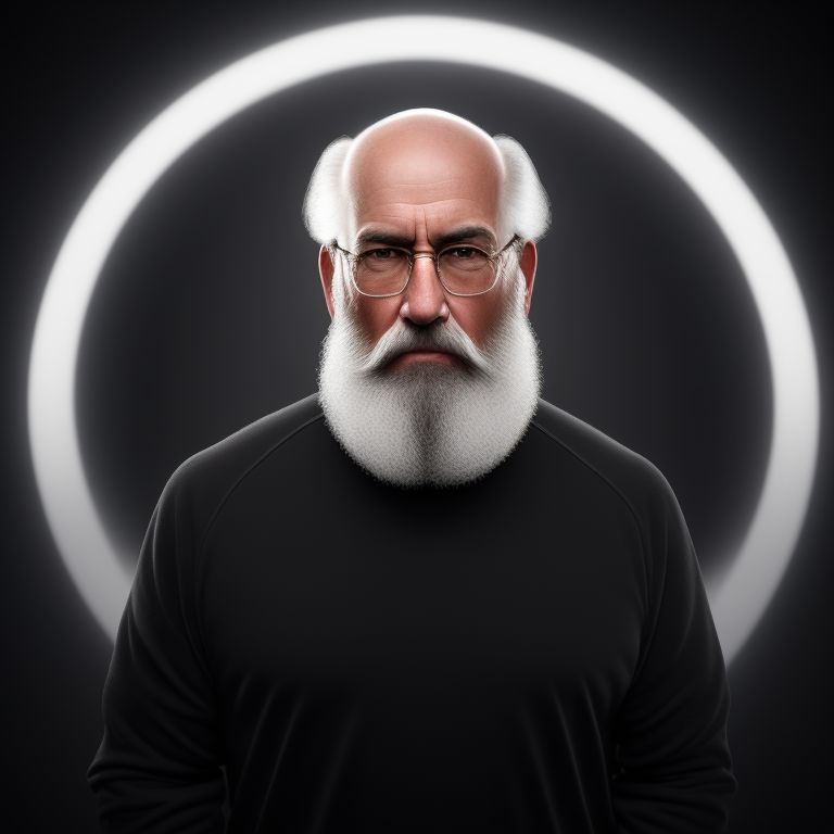 standing centered, Pixar style, 3d style, disney style, 8k, Beautiful, Bald 60-year-old man with beard needs no shampoo, facing the camera against a dramatic black backdrop, the lighting is moody and understated, with sharp contrasts between light and dark, the style is hyper-realistic with all the wrinkles and visible pores