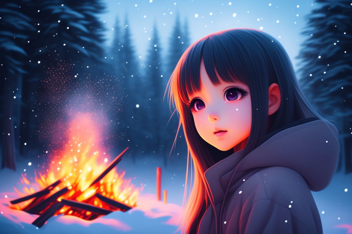 Bad Hare593 A Girl In Front Of A Bonfire While Snowing 