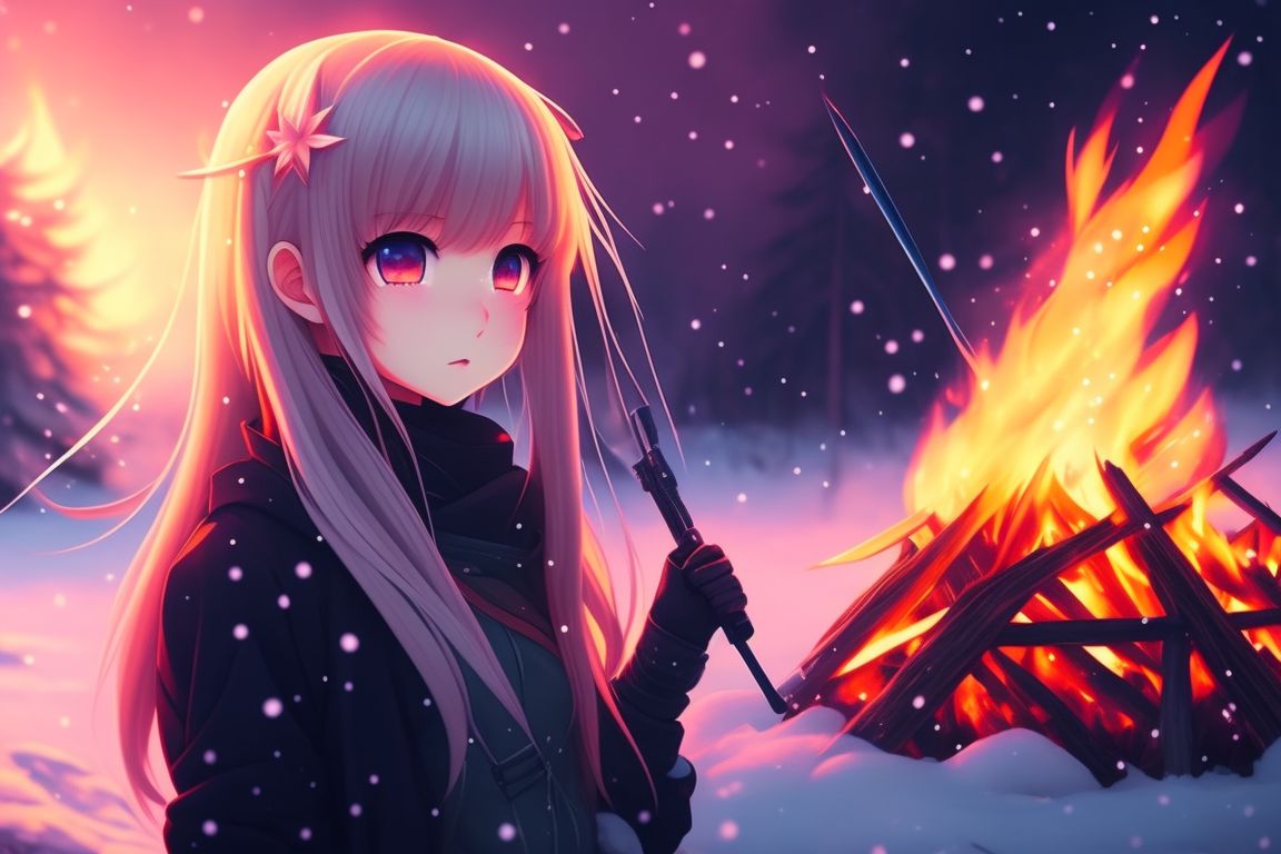 bad-hare593: a girl anime-style in front of a bonfire while snowing