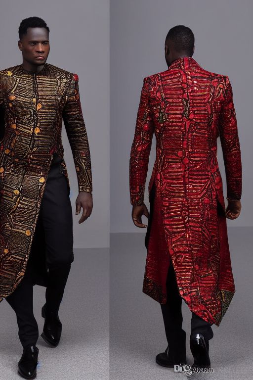 old-goat829: bespoke african outfits for men, whole body, african male,  detailed mandela pattern, full suit. high resolution, red, black, gold,  futuristic, hunger games inspired.