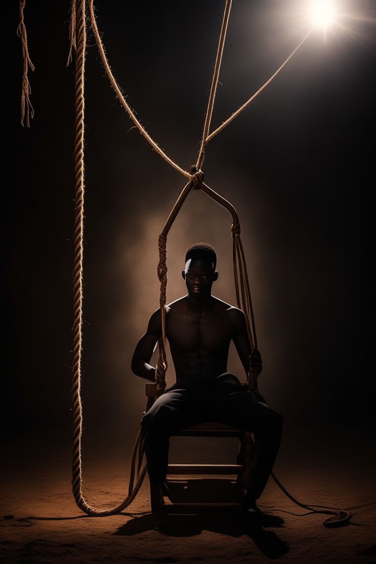 kindly-crab578: An African young man tied with ropes to a chair