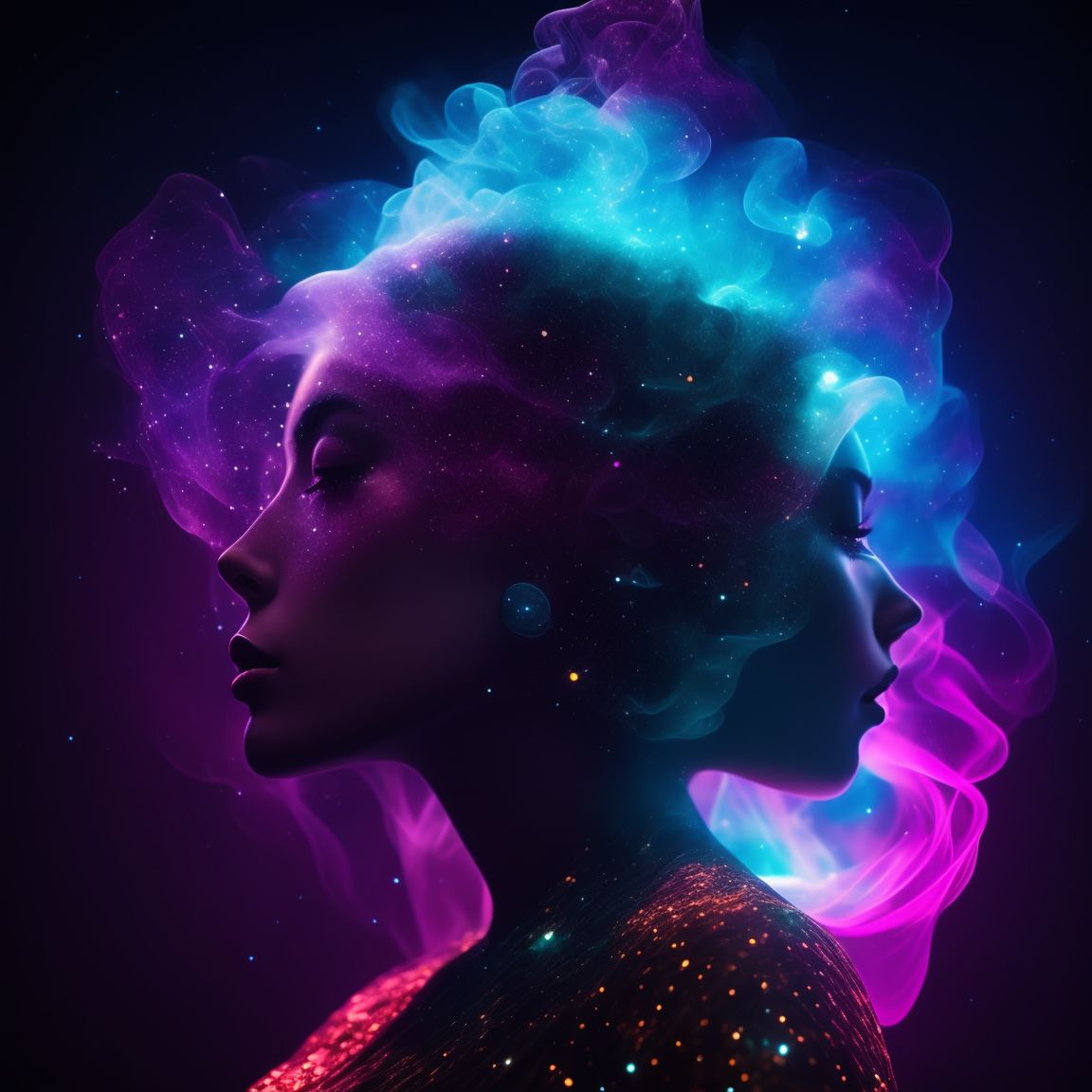 Woman full body, Surreal art, realistic shaded perfect face, 4k, chaos, Subsurface scattering, Starry, chakras, Silhouette, Smoke aura, Vibrant colors