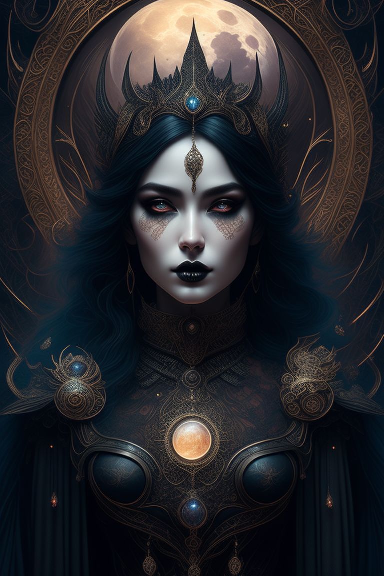 ornate, intricate details, beautiful moon goddess, gothic style, hyper-realistic fantasy art, digital illustration, full shot, colorful, Detailed, Fantasy, Moody, Dark, Intricate, Digital painting, Artstation, Sharp focus, by magali villeneuve and greg rutkowski.