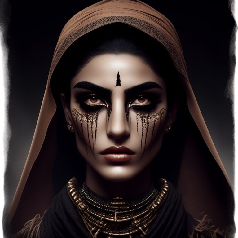 Imperfect, arabic mythology desert witch Tabi‘a in nearly decayed clothes and skeletonized head, sitting in darkness next to fire, Perfect mouth and Lips, Perfect eyes, Perfect eyebrows, Perfect likeness, Perfect features, Perfect hair, Imperfect skin, Perfect lighting, symmetric highly detailed eyes
