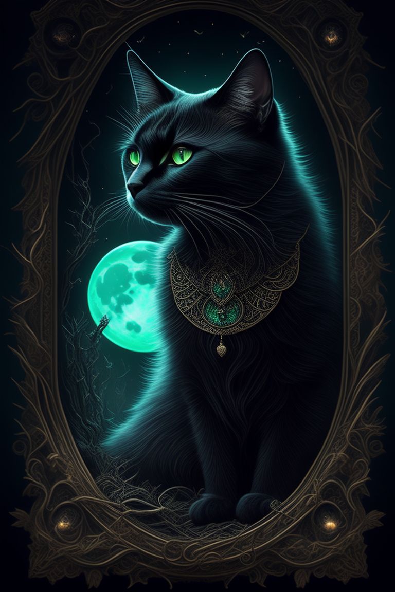 Ornate, Intricate details, black cat sits on magical book of shadows, black green, black cat with dark wings, Beautiful eyes, magic witchcraft, gothic style, hyper-realistic fantasy art, Digital illustration, forest scene, moon scene