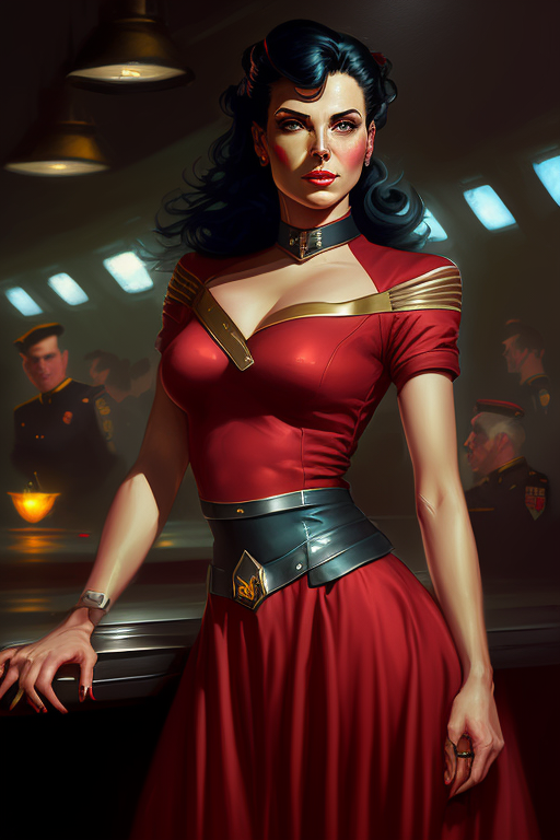 medium-duck118: Original Star Trek pretty female ensign, with long dark  hair, in a red skirt and red top uniform, with a half smile on her face, in  the U.S.S. Enterprise Ten-Forward lounge