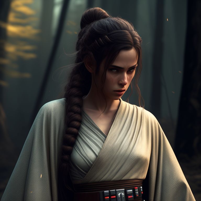 Beautiful jedi girl with brown long  hair, cinematic, epic, star wars, thin waist, lightsaber, beautiful, award winner, art, epic bright background, jedi jacket, full body photorealistic, photography, thin belt, 8k, wallpaper, low key lighting, Emotional, Intense, digitally painted, Artstation, by piotr fox wysocki, Concept art, Cinematic, Textured, Tragic, highly detailed.