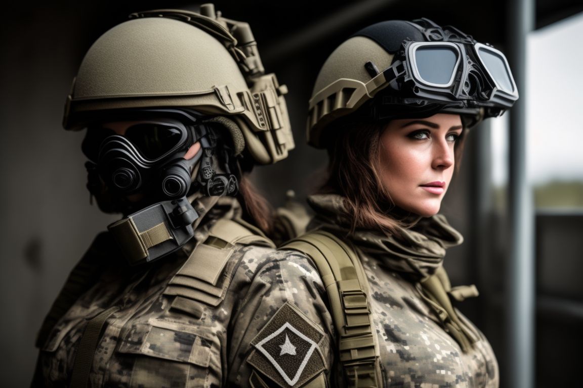 tan-weasel278: A white with freckles curvy woman, wearing tactical helmet,  is a soldier, wearing 4 tube night vision goggles, tan digital camouflage,  armor, tactical, military, combat uniform, tactical mask, gloves, knee pads