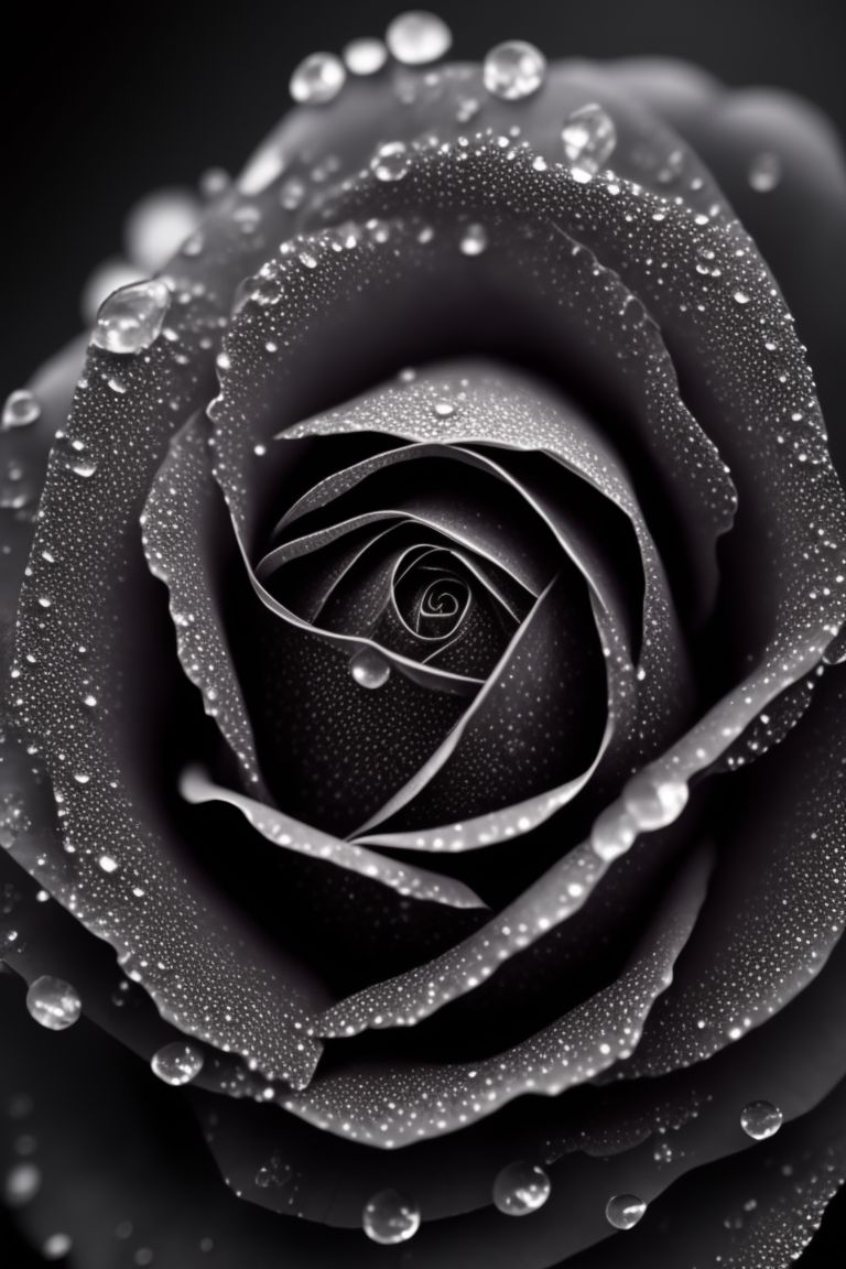 sensorium: a small black rose, symmetrical, shot from above, amazingly ...