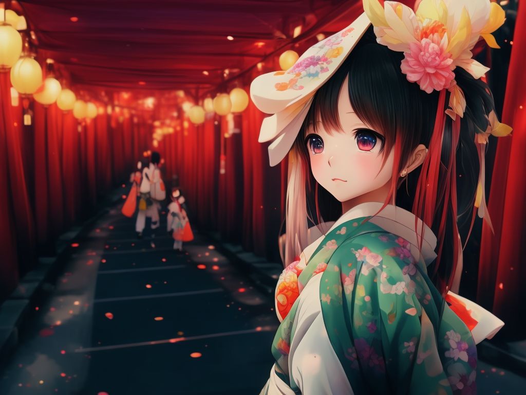 bad-hare593: a realistic girl anime-style in the middle of a street wearing  a kimono at a Japanese festival called matsuri