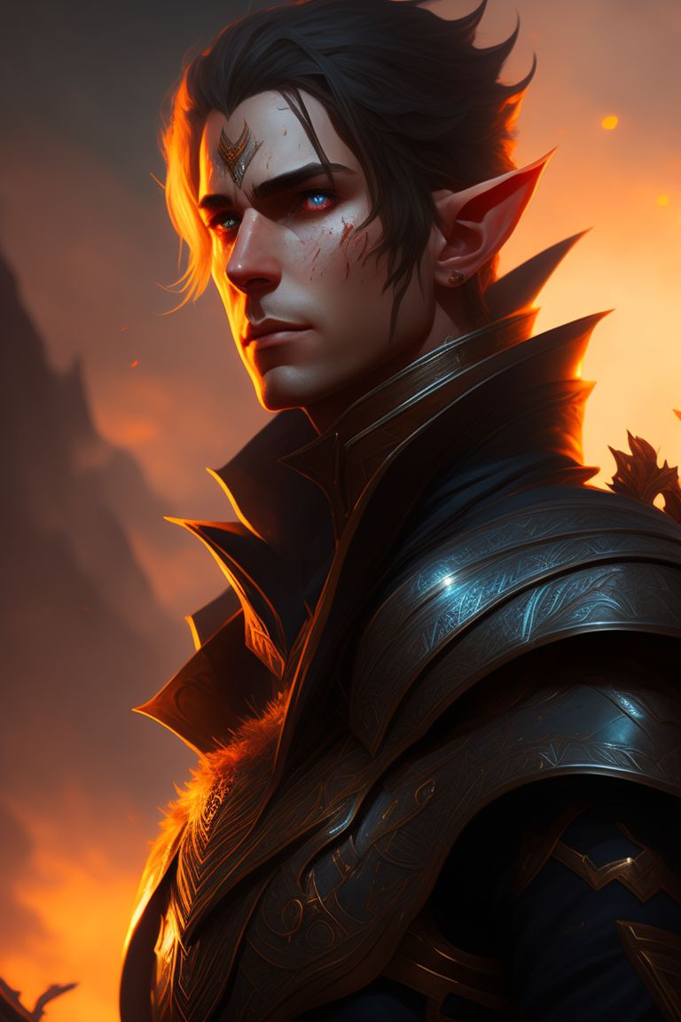 male autumn eladrin elf with scars
, Warm lighting, epic sky, Highly detailed, Intricate, Concept art, Low angle, Sharp focus, Trending on Artstation, art by greg rutkowski and jordan grimmer.