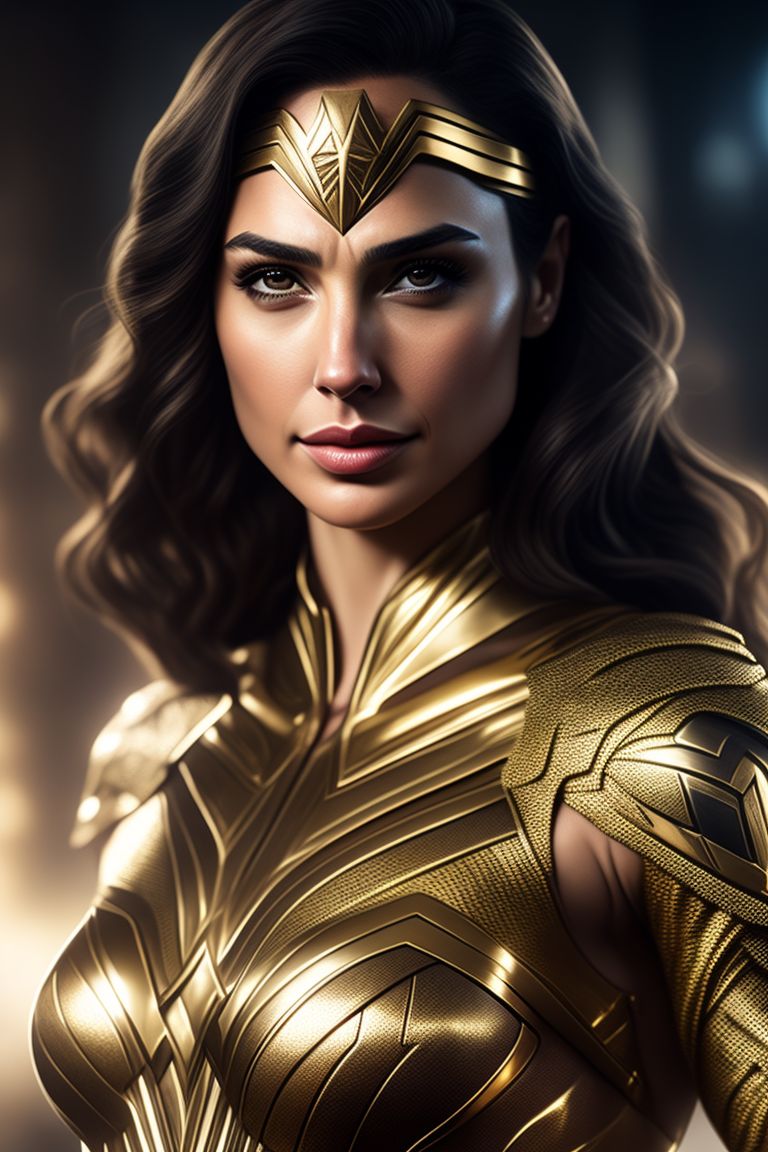 low-gnu755: Gal Gadot as Wonderwoman with golden suit, fullbody, metallic  gold attire, fully detailed, realistic