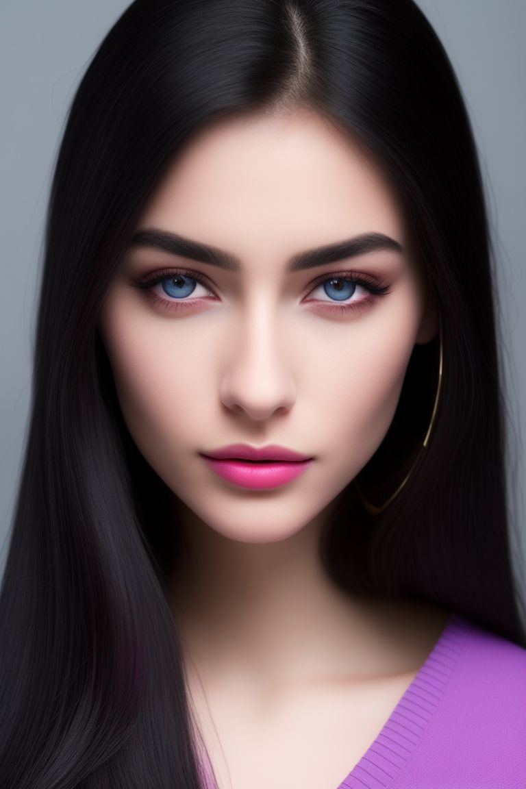 NAT_W: Young woman 21 years old, long black hair, blue eyes, purple  earrings, pink lips, symmetrical face, sitting at work in office, seeing a beautiful  face, clearly typing in a notebook