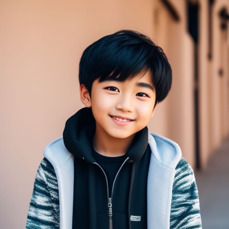 photography taken by canon eos r5, 12 years Old asian boy with black hair smiling, wears very look good outfit, standing, Detailed face, beautiful eyes and hair, flawless bright skin, soft makeup and draw thin eyebrows, Perfect white balance, Sun lighting
