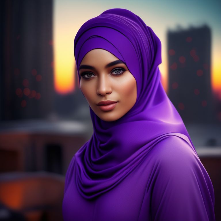 moral-jaguar120: As the sun sets over the dystopian city, the camera  focuses on a female figure standing on a rooftop wearing a hijab purple  jumpsuit. She has a stern expression on her