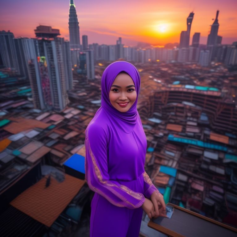 moral-jaguar120: As the sun sets over the dystopian city, the camera  focuses on a Malaysia female figure standing on a rooftop wearing a hijab  purple jumpsuit. She has a stern expression on