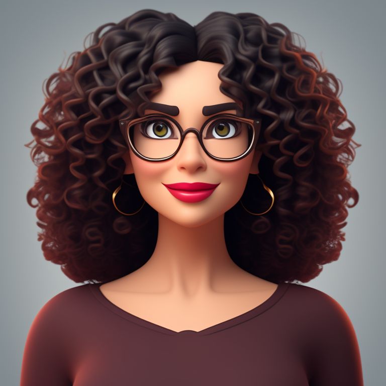 standing centered, Pixar style, 3d style, disney style, 8k, Beautiful, centered vector logo, artstation, intricate details, beautiful woman in her 40s, medium curly gray hair, expressive almond-shaped eyes, wearing glasses