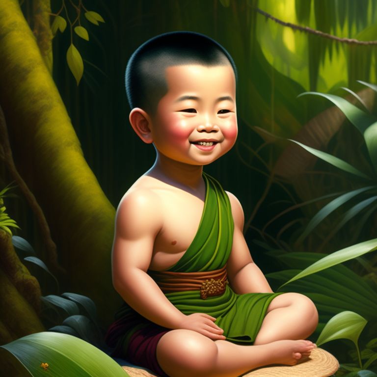 rotten-horse476: Little Buddhist happy fat Thai boy monk, smiling, sit  meditating in the green jungle