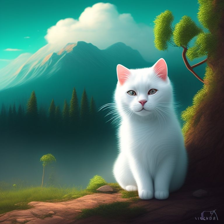 cute little white cat as a digital painting in the style of simon stålenhag, the image portrays a curious white cat with piercing green eyes, sitting on a windowsill with a trees on the mountainside in the background, with a futuristic and sci-fi inspired atmosphere, showcasing detailed and realistic textures and lighting --v 5 --stylize 1000