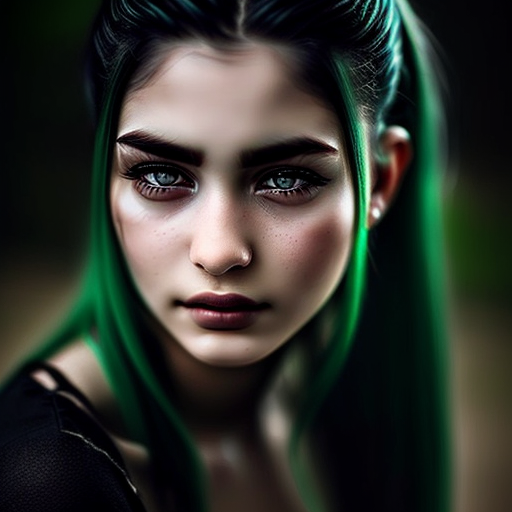 stained-bat904: young woman, green hair, gray skin, black eyes, rustic ...