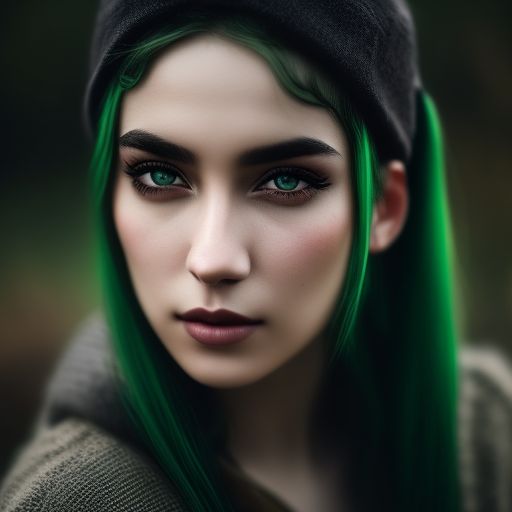 stained-bat904: young woman, green hair, gray skin, black eyes, rustic ...