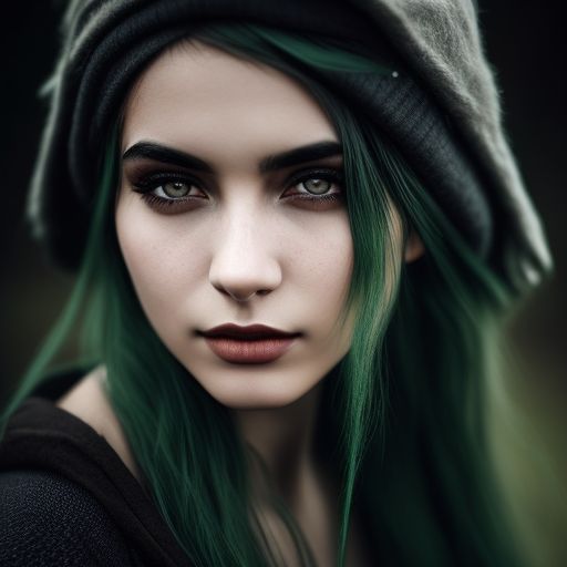 young woman, green hair, gray skin, black eyes, rustic clothes, Gray skin, Black eyes, Green hair, rustic clothing
