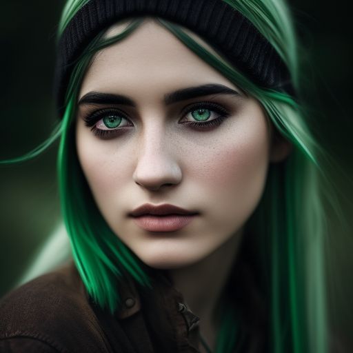 young woman, green hair, gray skin, black eyes, rustic clothes, Gray skin, Black eyes, Green hair, rustic clothing