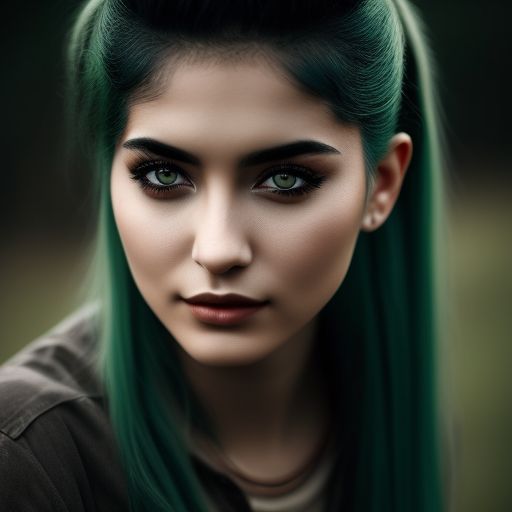 stained-bat904: young woman, green hair, gray skin, black eyes, rustic ...