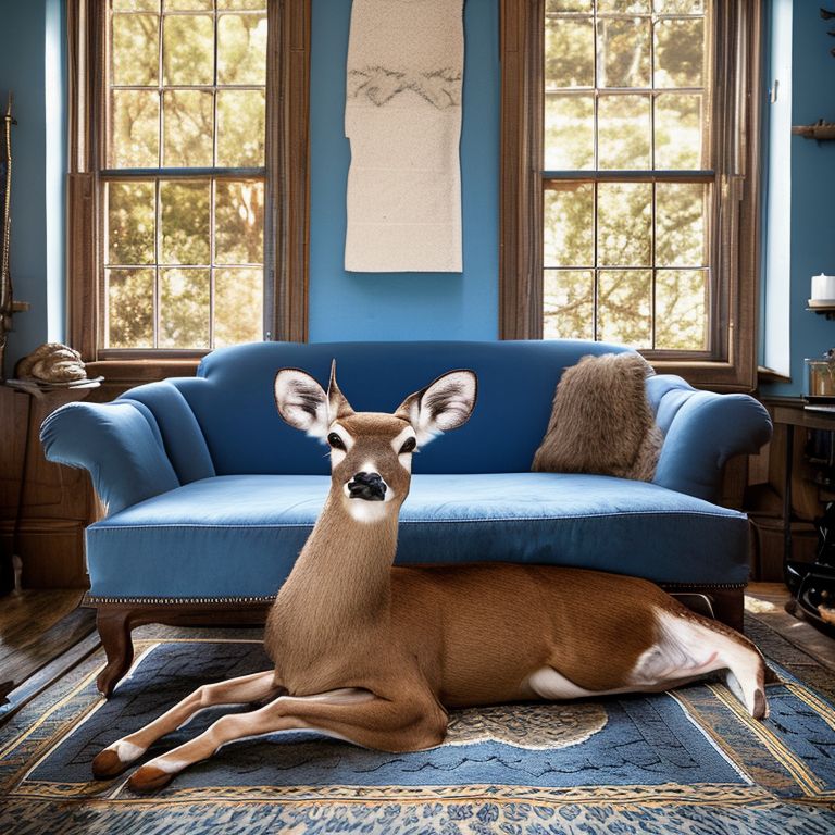 boonewatkins white tail deer lying on a blue tufted couch inside of a