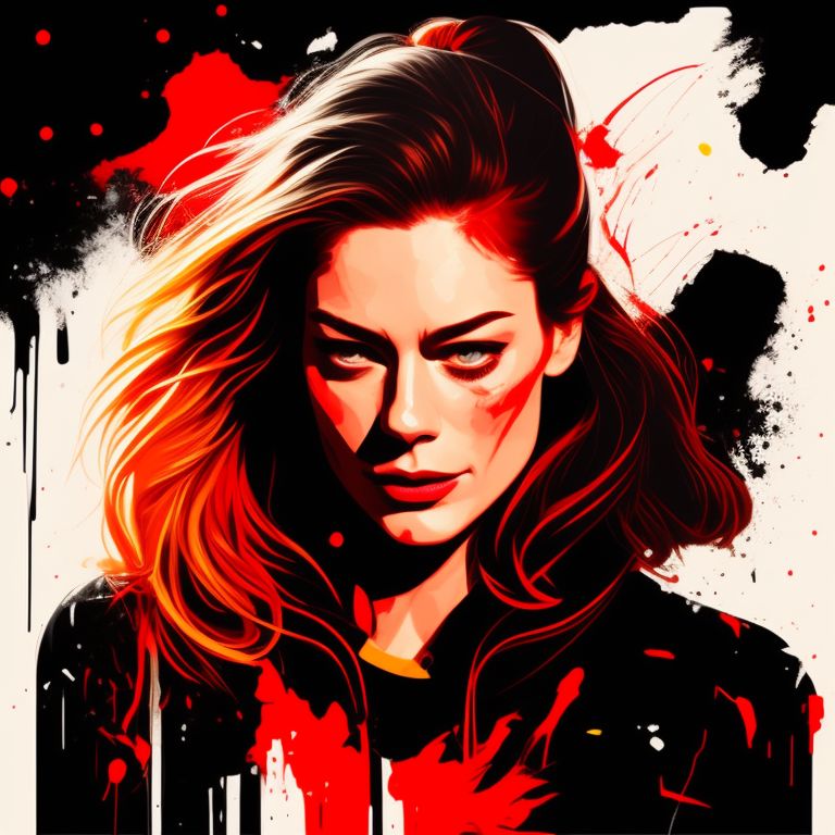 Vector illustration, Minimalistic, Digital illustration, painting of a actress alyssa sutherland with  by Sam Spratt, medibang, swirling paint colors, red-yellow colors, style of aenami alena, black and white painting,  warm color to move,  cracked paint, in red paint (((cozy art))), T-shirt design, Dramatic Lighting, Trending on Artstation, Award winning, Icon, Highly detailed
