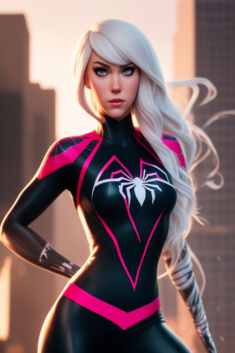 square-llama208: standing, Au naturel, no clothing, photography taken by  canon eos r5, This stunning artwork features Spider-Gwen wearing her  signature superhero suit, which is primarily white and pink with some black  accents.