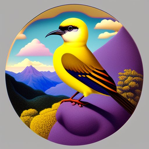 old-ibis258: yellow bird with a purple feathers in the head standing in a  luxurious car facing in front